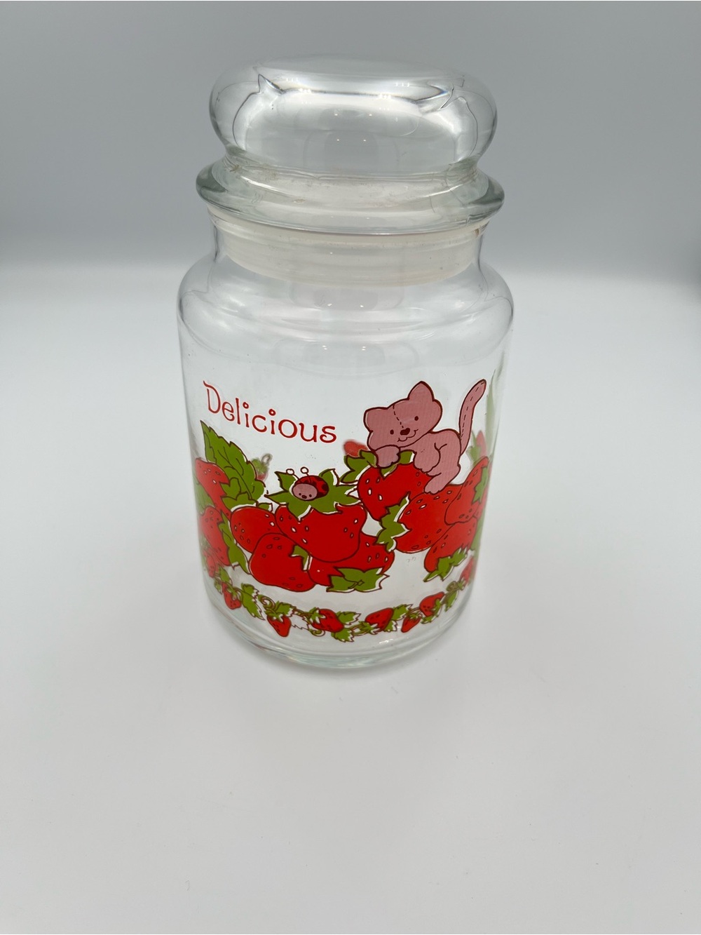 1980 Strawberry Shortcake Glass Canister Jar Lid Custard Delicious Vintage
